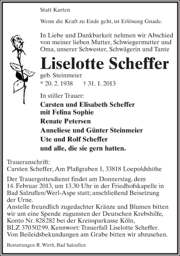Anzeige  Liselotte Schäfer  Lippische Landes-Zeitung