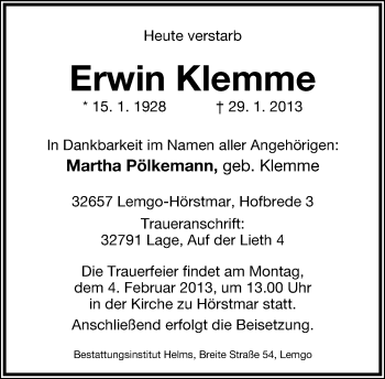 Anzeige  Erwin Klemme  Lippische Landes-Zeitung