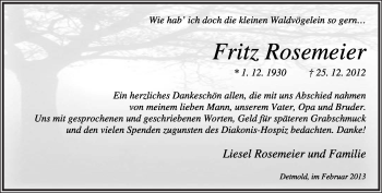 Anzeige  Fritz Rosemeier  Lippische Landes-Zeitung