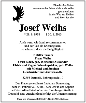 Anzeige  Josef Weihs  Lippische Landes-Zeitung