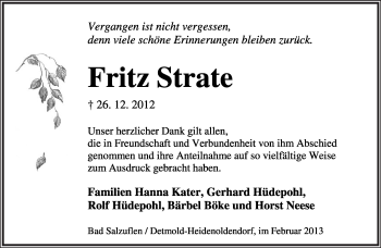 Anzeige  Fritz Strate  Lippische Landes-Zeitung