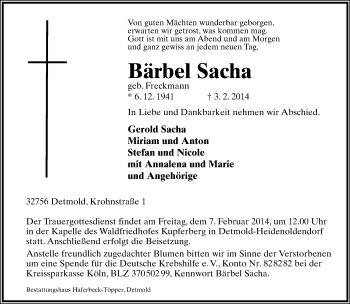 Anzeige  Bärbel Sacha  Lippische Landes-Zeitung