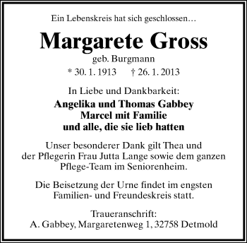Anzeige  Margarete Gross  Lippische Landes-Zeitung