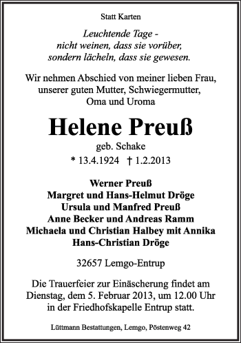 Anzeige  Helene Preuß  Lippische Landes-Zeitung