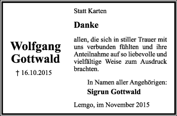 Anzeige  Wolfgang Gottwald  Lippische Landes-Zeitung