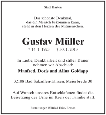 Anzeige  Gustav Müller  Lippische Landes-Zeitung