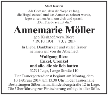 Anzeige  Annemarie Möller  Lippische Landes-Zeitung