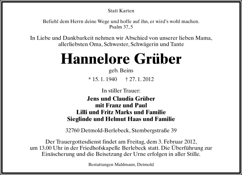  Traueranzeige für Hannelore Grüber vom 01.02.2012 aus Lippische Landes-Zeitung