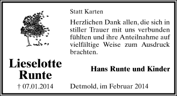 Anzeige  Lieselotte Runte  Lippische Landes-Zeitung