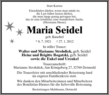 Anzeige  Maria Seidel  Lippische Landes-Zeitung