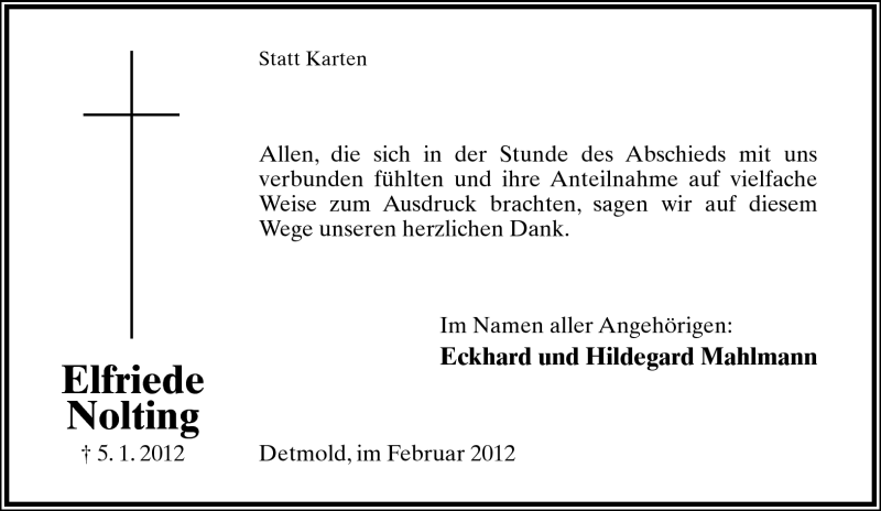  Traueranzeige für Elfriede Nolting vom 04.02.2012 aus Lippische Landes-Zeitung