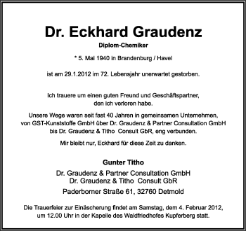 Anzeige  Eckhard Graudenz  Lippische Landes-Zeitung