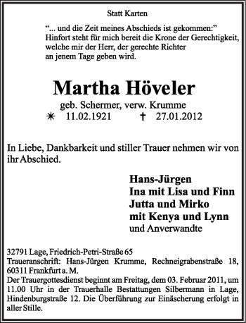 Anzeige  Martha Höveler  Lippische Landes-Zeitung