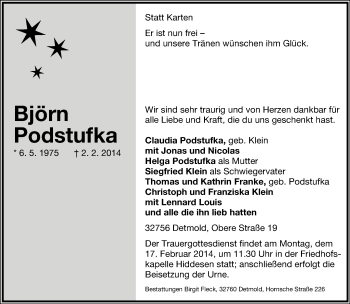Anzeige  Björn Podstufka  Lippische Landes-Zeitung