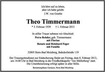 Anzeige  Theo Timmermann  Lippische Landes-Zeitung