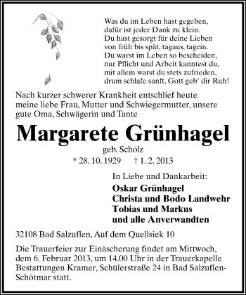Anzeige  Margarete Grünhagel  Lippische Landes-Zeitung