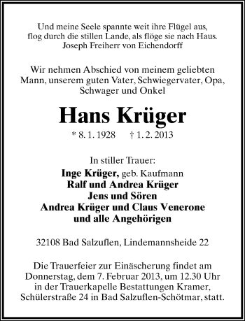 Anzeige  Hans Krüger  Lippische Landes-Zeitung