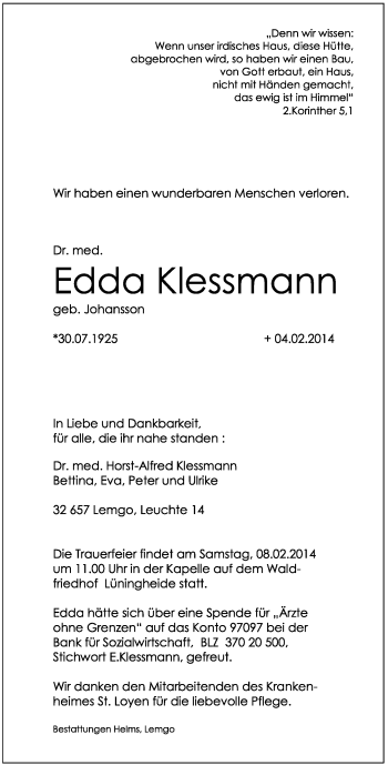 Anzeige  Edda Klessmann  Lippische Landes-Zeitung