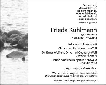 Anzeige  Frieda Kuhlmann  Lippische Landes-Zeitung