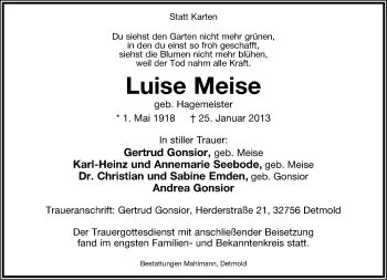 Anzeige  Luise Meise  Lippische Landes-Zeitung