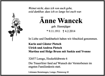 Anzeige  Anne Wancek  Lippische Landes-Zeitung