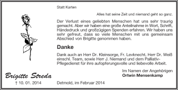 Anzeige  Brigitte Streda  Lippische Landes-Zeitung