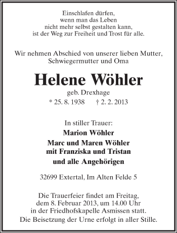 Anzeige  Helene Wöhler  Lippische Landes-Zeitung