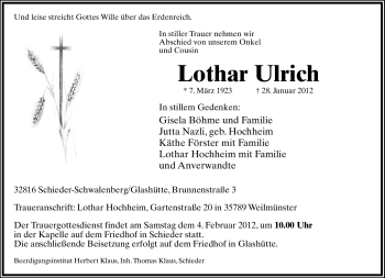 Anzeige  Lothar Ulrich  Lippische Landes-Zeitung