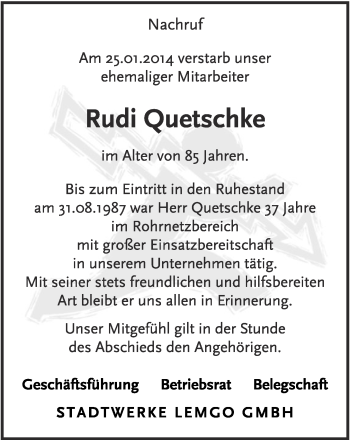 Anzeige  Rudi Quetschke  Lippische Landes-Zeitung