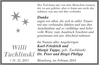 Anzeige  Willi Tuchlinski  Lippische Landes-Zeitung