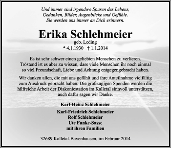 Anzeige  Erika Schlehmeier  Lippische Landes-Zeitung