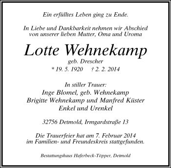 Anzeige  Lotte Wehnekamp  Lippische Landes-Zeitung