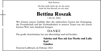 Anzeige  Bettina Roszak  Lippische Landes-Zeitung