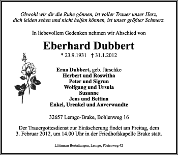 Anzeige  Eberhard Dubbert  Lippische Landes-Zeitung