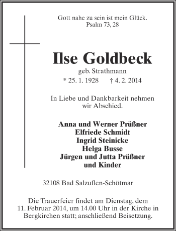 Anzeige  Ilse Goldbeck  Lippische Landes-Zeitung