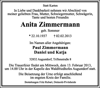 Anzeige  Antia Zimmermann  Lippische Landes-Zeitung
