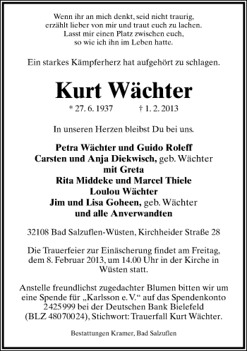 Anzeige  Kurt Wächter  Lippische Landes-Zeitung