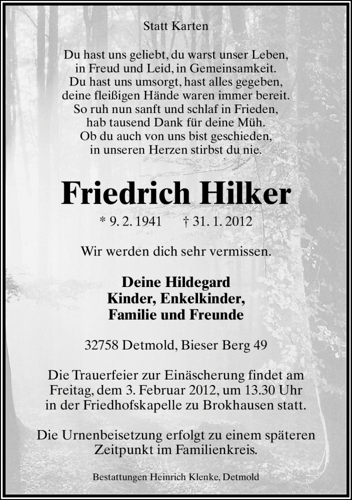  Traueranzeige für Friedrich Hilker vom 01.02.2012 aus Lippische Landes-Zeitung