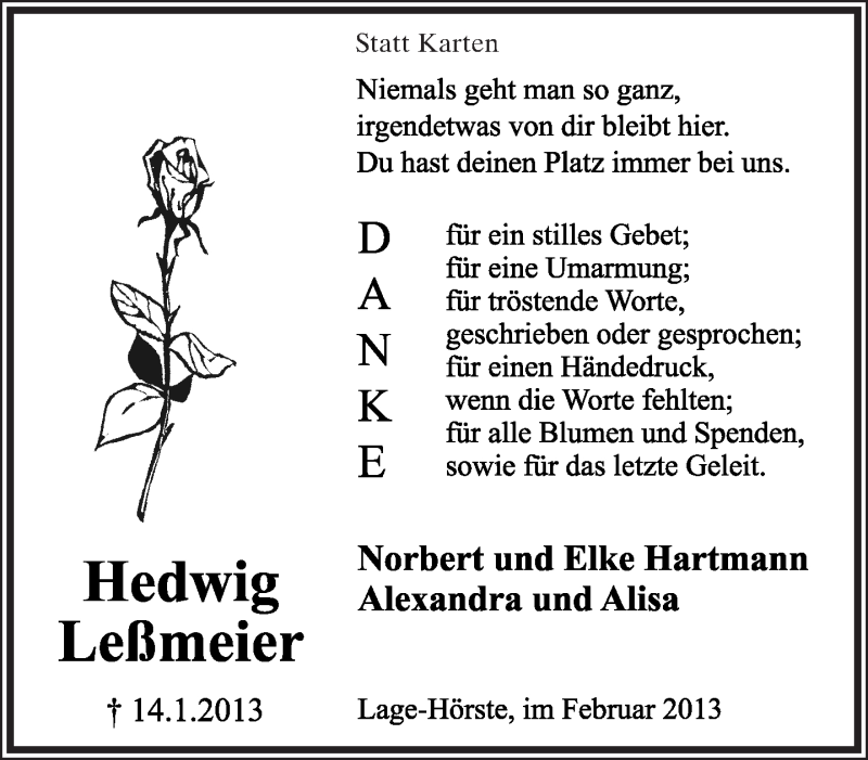  Traueranzeige für Hedwig Leßmeier vom 09.02.2013 aus Lippische Landes-Zeitung