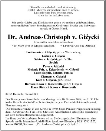 Anzeige  Andreas-Christoph v. Giiycki  Lippische Landes-Zeitung