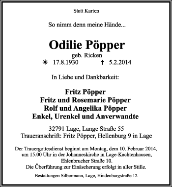 Anzeige  Odilie Pöpper  Lippische Landes-Zeitung