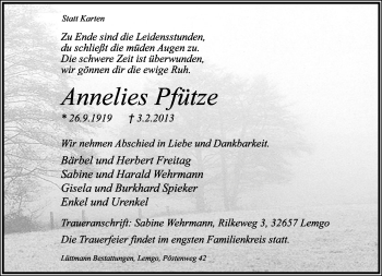 Anzeige  Annelies Pfütze  Lippische Landes-Zeitung