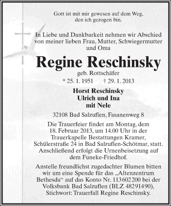 Anzeige  Regine Reschinsky  Lippische Landes-Zeitung