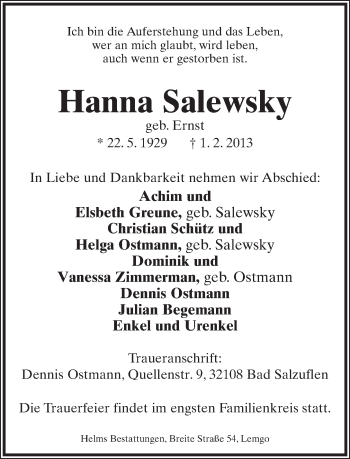 Anzeige  Hanna Salewsky  Lippische Landes-Zeitung