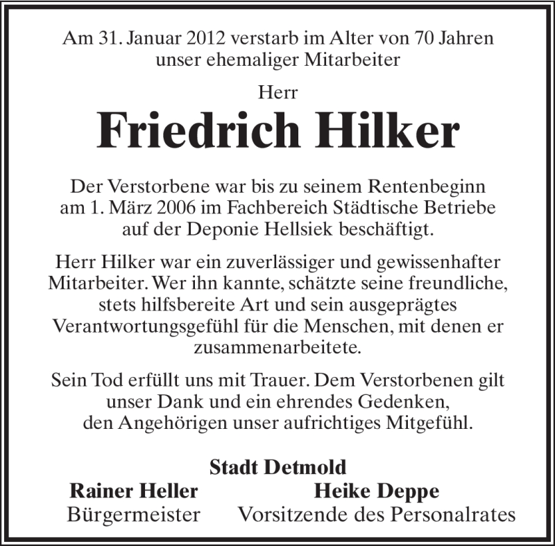  Traueranzeige für Friedrich Hilker vom 02.02.2012 aus Lippische Landes-Zeitung