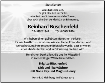 Anzeige  Reinhard Büschenfeld  Lippische Landes-Zeitung