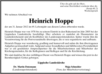 Anzeige  Heinrich Hoppe  Lippische Landes-Zeitung