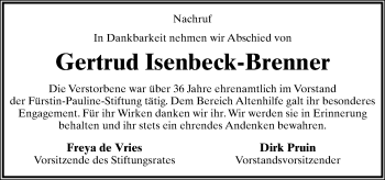 Anzeige  Gertrud Isenbeck-Brenner  Lippische Landes-Zeitung