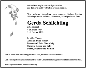 Anzeige  Gerda Schlichting  Lippische Landes-Zeitung