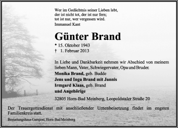 Anzeige  Günter Brand  Lippische Landes-Zeitung